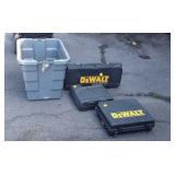 Tote with 2 DeWalt and one Black & Decker tool