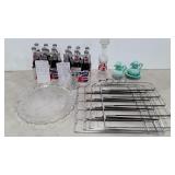 Pants organizer hangers, glass platter, decanter,