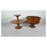 Wooden two tier server (11" h) and pedestal bowl