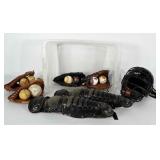 PlStic tub with baseball gear: 4 gloves, 8 balls