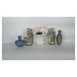 Home decor: 3 vases and 2 candle holders. Blue