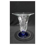 Glass vase with etched floral and hummingbird