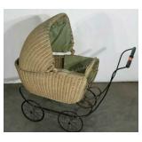 Wicker doll buggy for a child, hood, metal