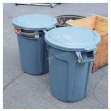 Two Rubbermaid 32 Gallon trash Cans with lids,