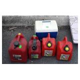 4 Gas Cans and lunch box cooler