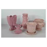 Pink planters, vases, and water pitcher, one