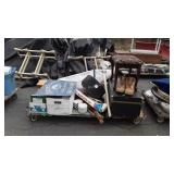 Skid of: metal sign, baseball bats, books, CDs,