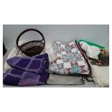 Textiles, afghans, cotton throws, basket, doilies,