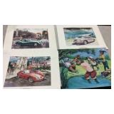 Three car prints Ferrari, Porsche, and dogs