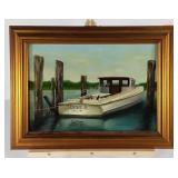 Boat oil painting on board by Linda Ackerman,