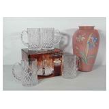 4 lead crystal mugs in original box and pink vase