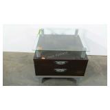 Glass topped accent table, 2 drawers, 22" tall,