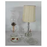 Mixed group, includes glass oil lamp, lamp with
