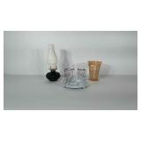 Oil lamp, carnival glass vase, wire with glass