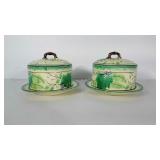 Covered stoneware / pottery dishes. Unmarked.