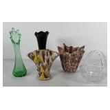 Vases and glass basket, includes green swung