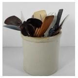 Kitchenwares, crock with cooking utensils, crock