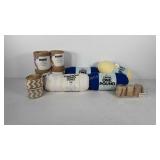 Crafting supplies, includes burlap, yarn, and