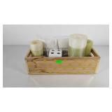 Bathroom decor, includes wooden bin, tealight