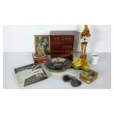 Group of miscellaneous home decor, a jewelry box,