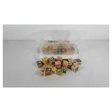 Small storage tote full of wooden blocks