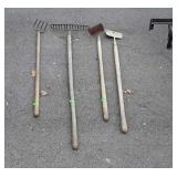 4 Long handled Tools, rake, hoe, edger, scratch