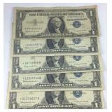 Lot of 5 $1 Silver Certificates 1957 B