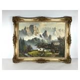 Oil painting on canvas, mountain farm scene,