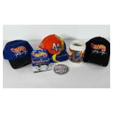 Nascar and Hot Wheels collectibles, three hats,
