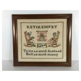 Retirement needlework,  framed 18x16