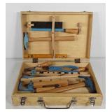 Wooden tool box, includes hammers, ruler, clamp,