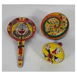 Three noise maker toys, includes pan paddle,