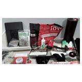 Knee brace, mold test kit, thermostat,  thermos,