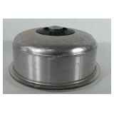 Glass cake plate with tin cover, 12.5"