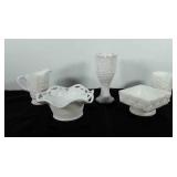 Milk glass, includes open lace edge diamond