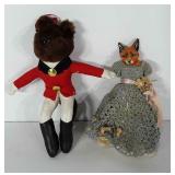 Fox plush and doll body with fox head, both about