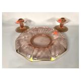 Pink Depression glass candleholders and rolled
