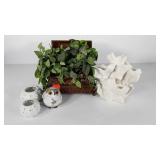 Decor coral candleholders,  owl figurine and tin