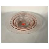 Pink Depression glass tri-footed bowl, 12"