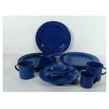Blue splatter enamelware, includes seven plates,