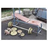 Weight Bench with bar bell, dumbbell, and 70lbs