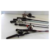 7 fishing rods, 5 reels