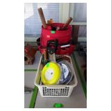 Tool bucket hand tools, weed eater string, saw,