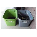 Two totes of drill bits, chain, hardware,  scoop,