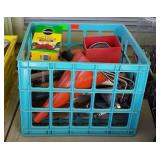 Blue crate with funnels, hand tools, Miracle Gro