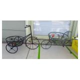 Two metal bicycle shaped planters