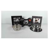 Pet items, includes water/food bowls and three