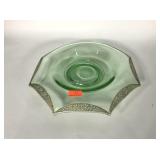 Green glass rolled edge console bowl, 13"