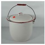 Enameled white and red chamber pot with lid and