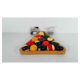 Billiard balls, ball rack, unopened cue